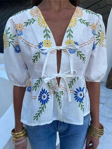 Floral print tie front v neck blouse