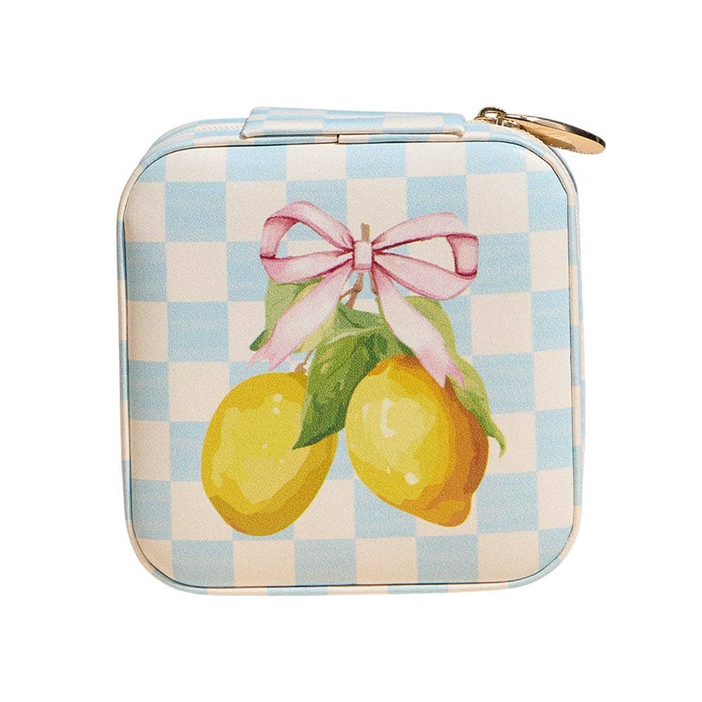 Lemon Bow Print Checkered Portable Square Jewelry Box
