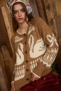 SWAN JACQUARD BUTTON DOWN LONG SLEEVE CARDIGAN