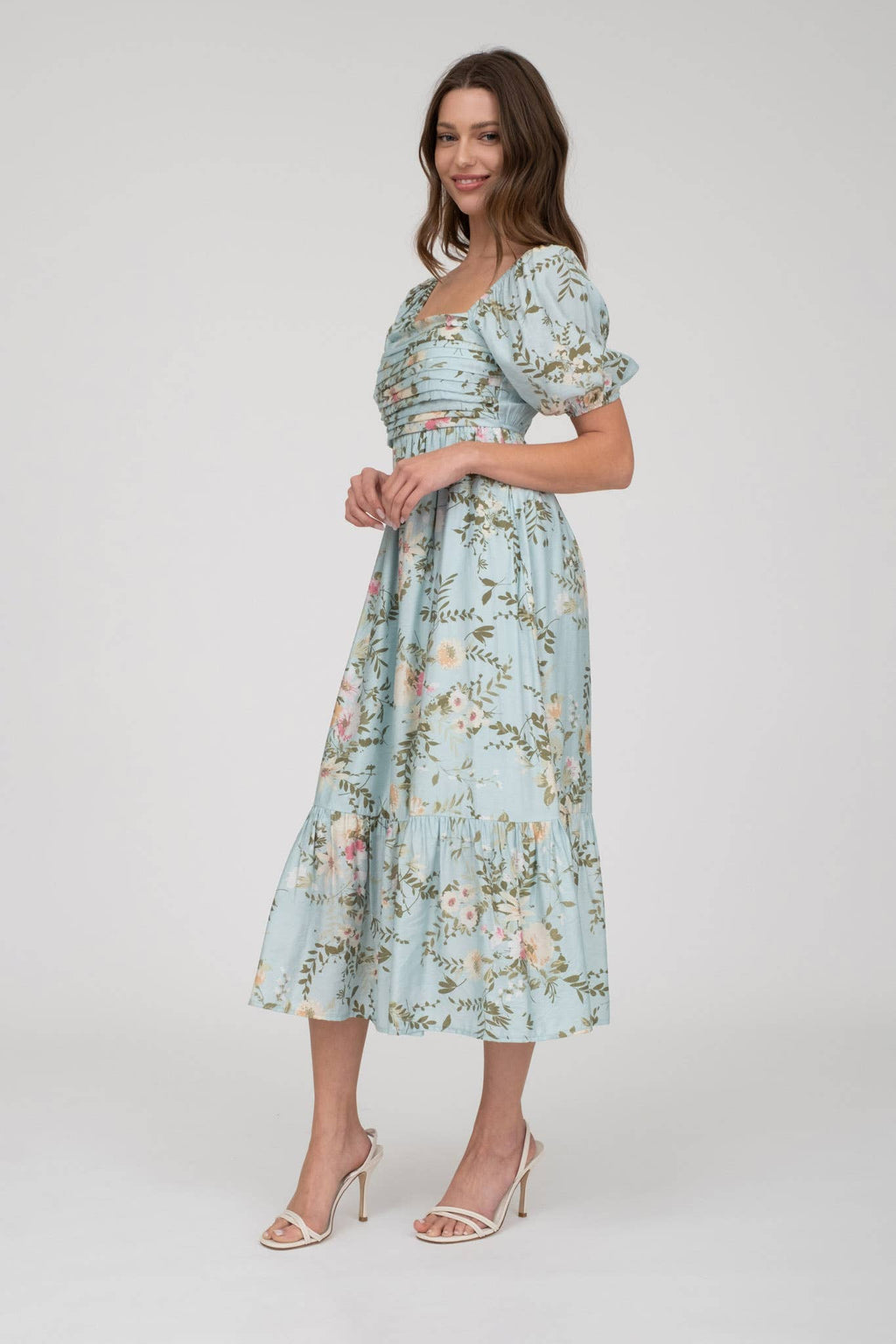 FLORAL PLEATED FRONT BALLOON SLEEVE MIDI DRESS