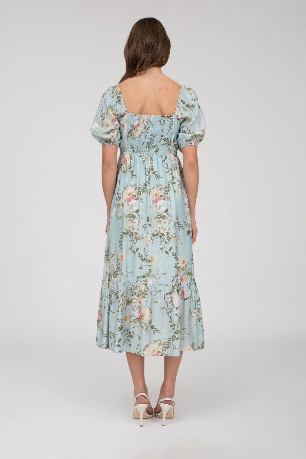 FLORAL PLEATED FRONT BALLOON SLEEVE MIDI DRESS