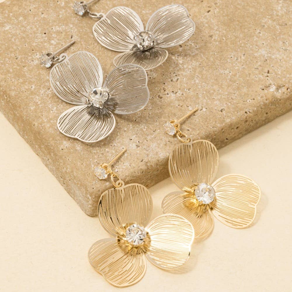 Cz Stud Three Petal Drop Earrings