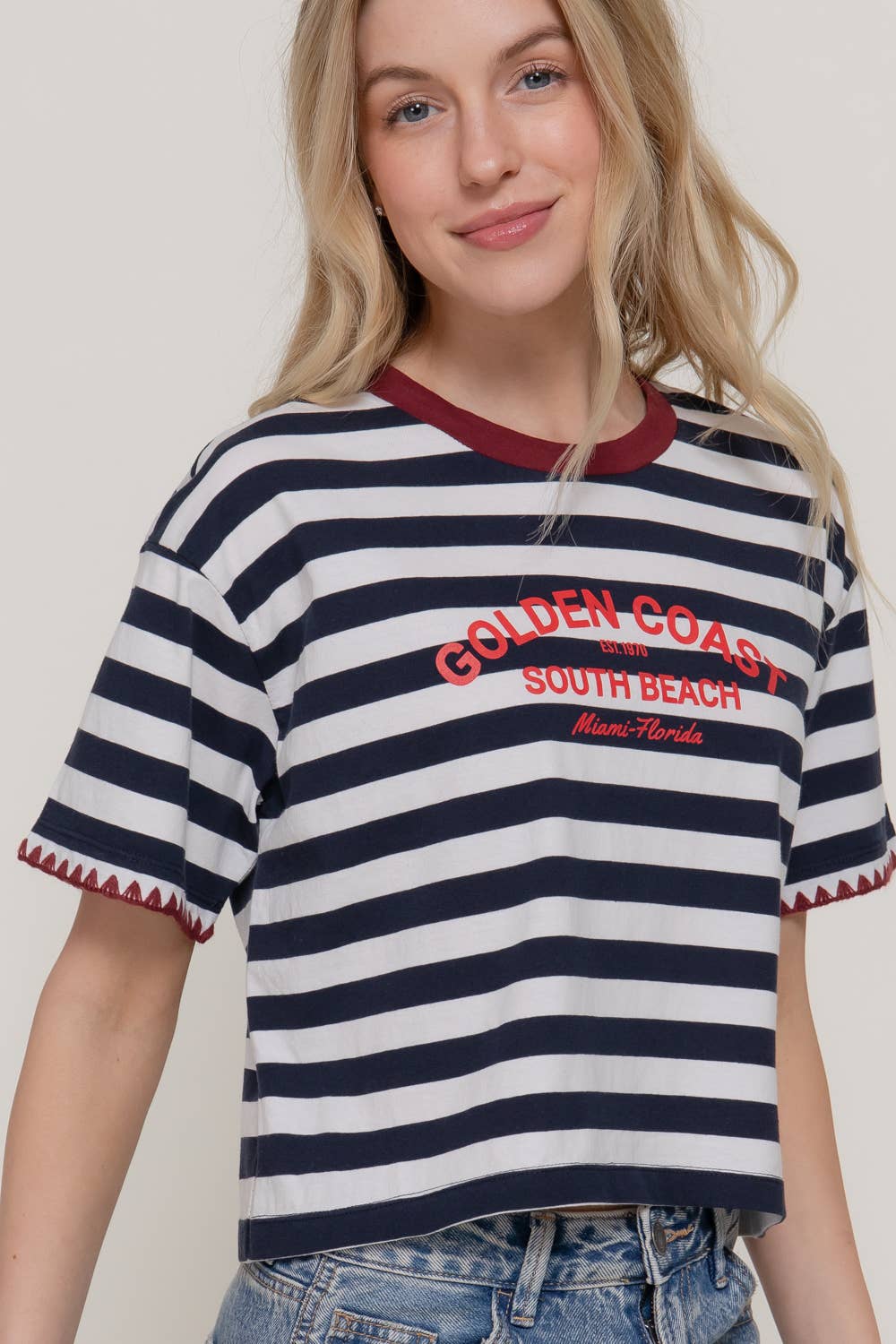 Short Sleeve Round Neck Y/D Stripe Printed Tee