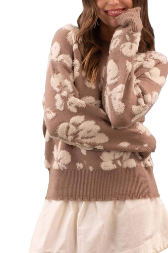 FLORAL DISTRESSED CREWNECK TERRY SWEATER