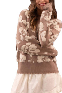 FLORAL DISTRESSED CREWNECK TERRY SWEATER