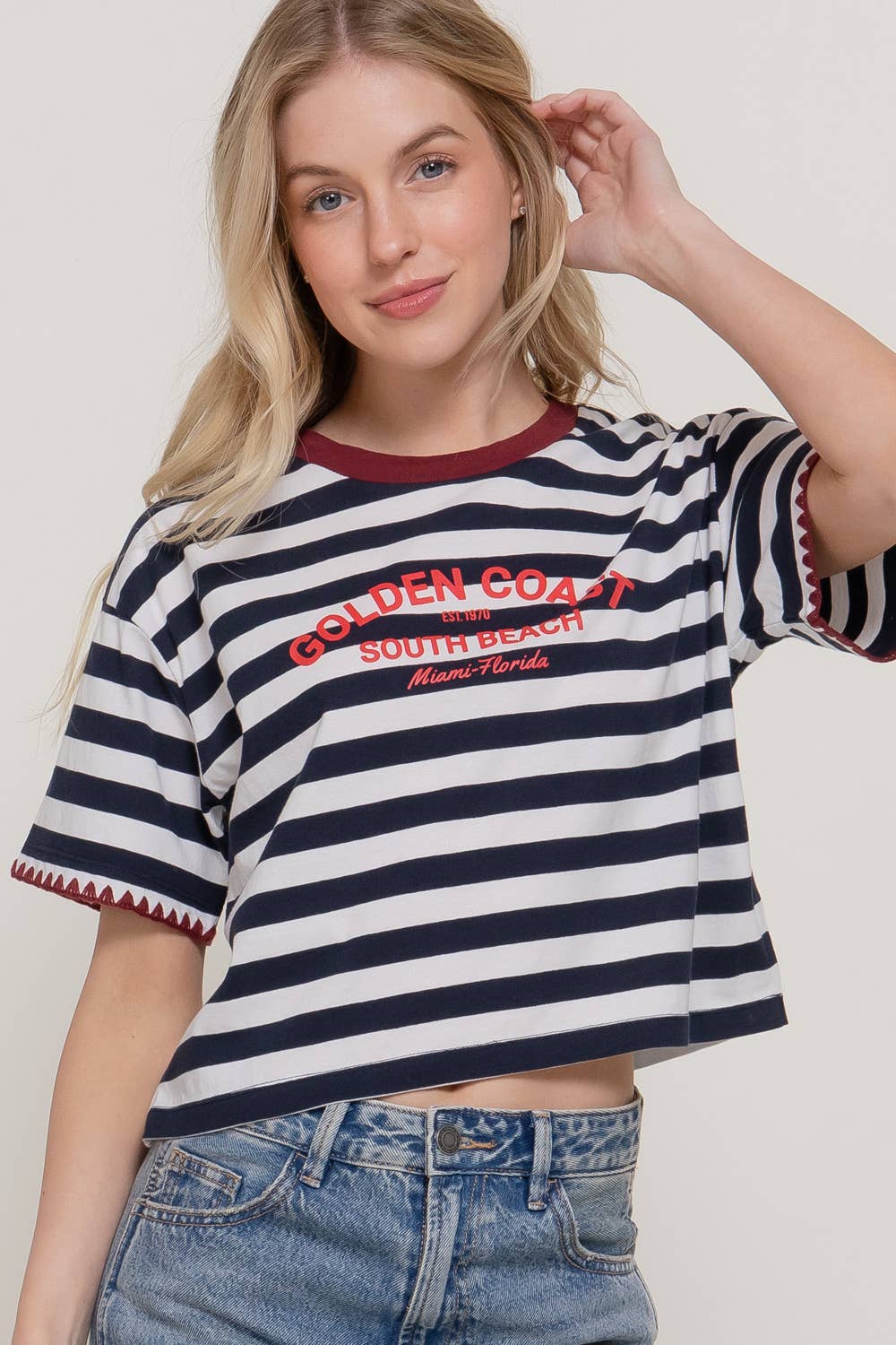 Short Sleeve Round Neck Y/D Stripe Printed Tee