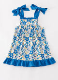 Blue Floral Print Ruffle Dress