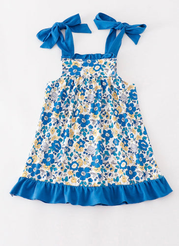 Blue Floral Print Ruffle Dress