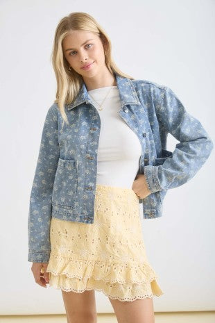 Floral Washed Button Denim Jacket