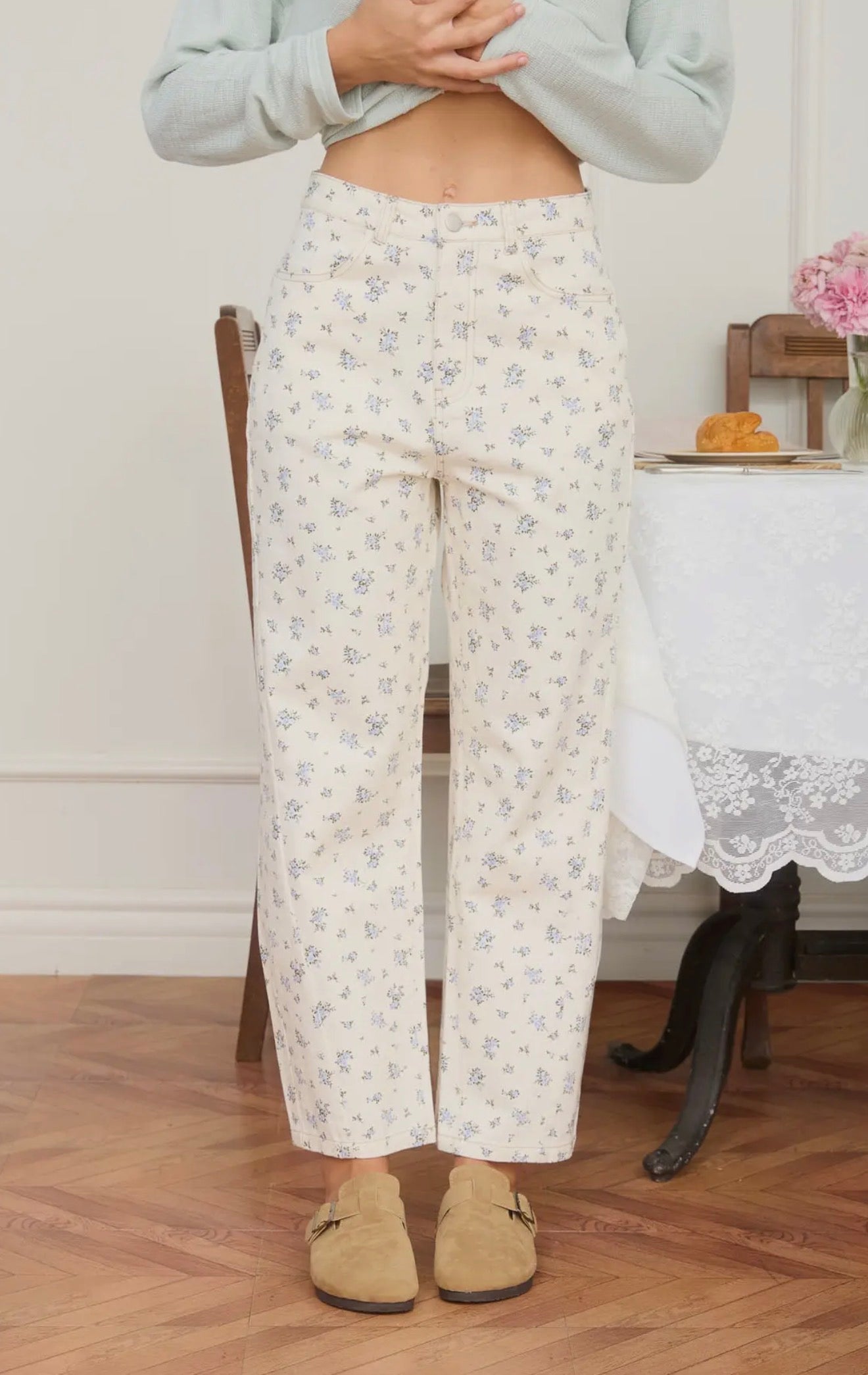 Floral Ecru Denim Pants