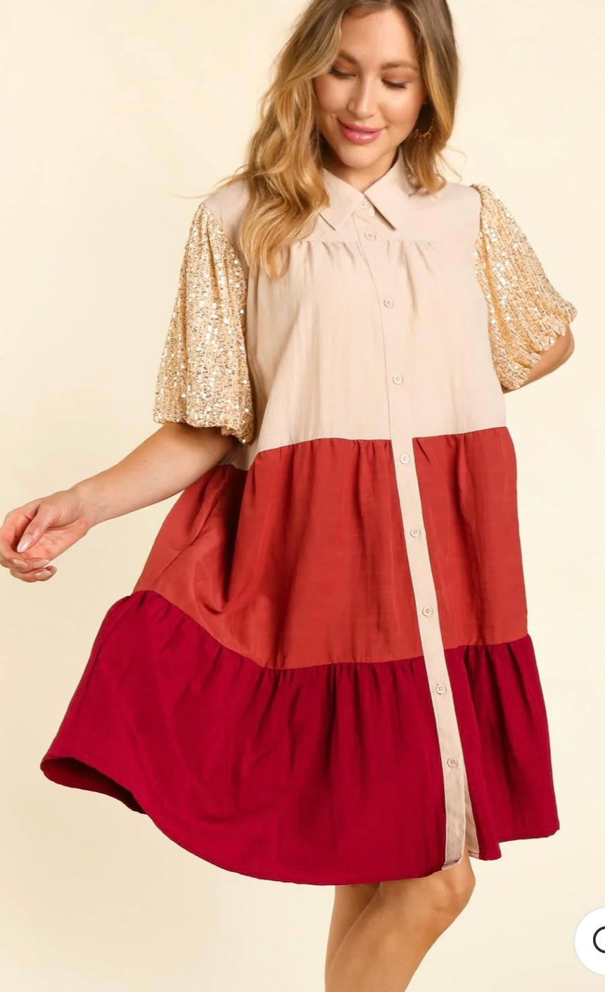 Color Block Sequin Sleeve Dress