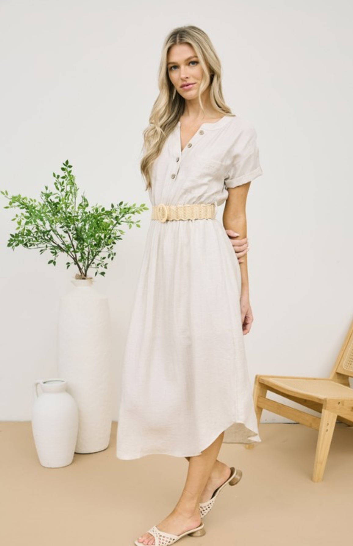 Linen Belted Midi Shirt Dress