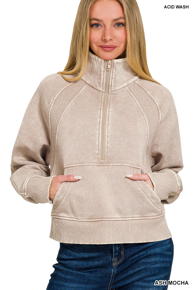 ACID WASHED HALF ZIP FLEECE PULLOVER KANGAROO POCKET
