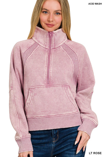 ACID WASHED HALF ZIP FLEECE PULLOVER KANGAROO POCKET