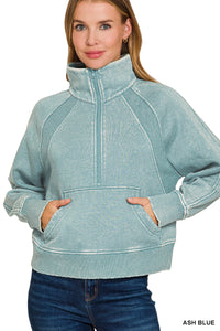 ACID WASHED HALF ZIP FLEECE PULLOVER KANGAROO POCKET