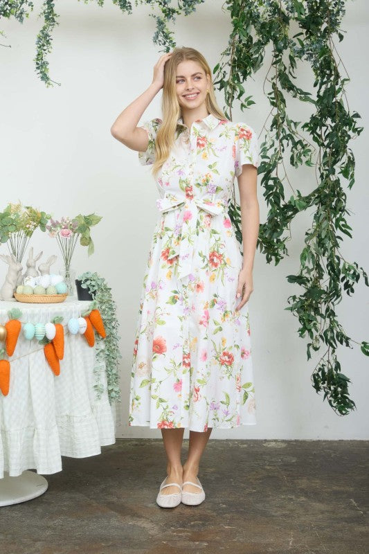 Floral Short Sleeve Belted Dress
