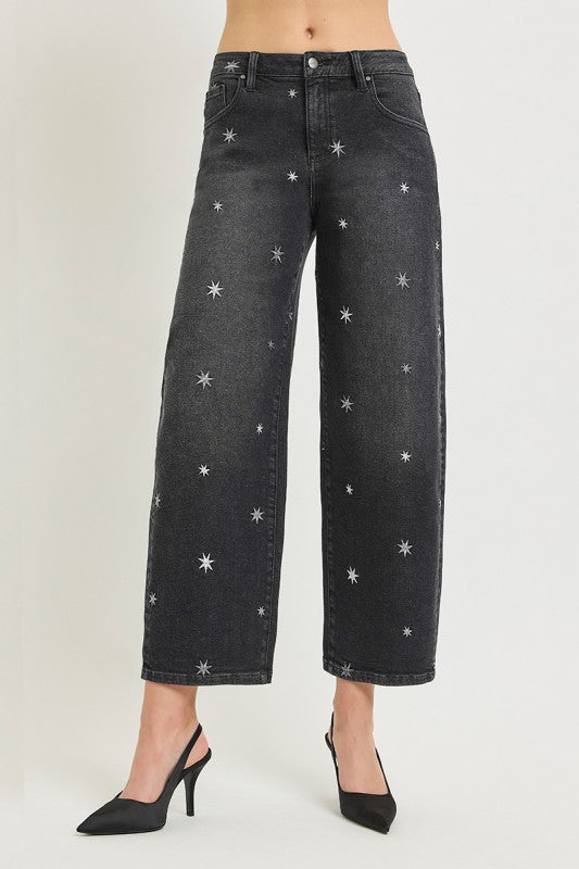 Slouchy Crop Barrel Star Embroidery Jeans