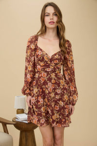 FLORAL SWEETHEART LONG SLEEVE BACK TIE MINI DRESS