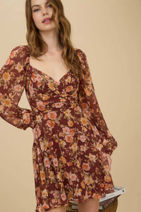 FLORAL SWEETHEART LONG SLEEVE BACK TIE MINI DRESS