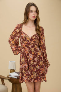 FLORAL SWEETHEART LONG SLEEVE BACK TIE MINI DRESS