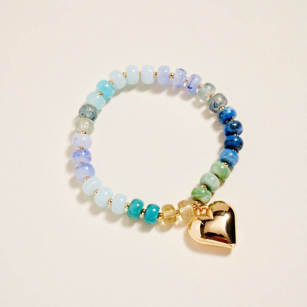 7.25 In Marbled Beaded Puffy Heart Charm Bracelet