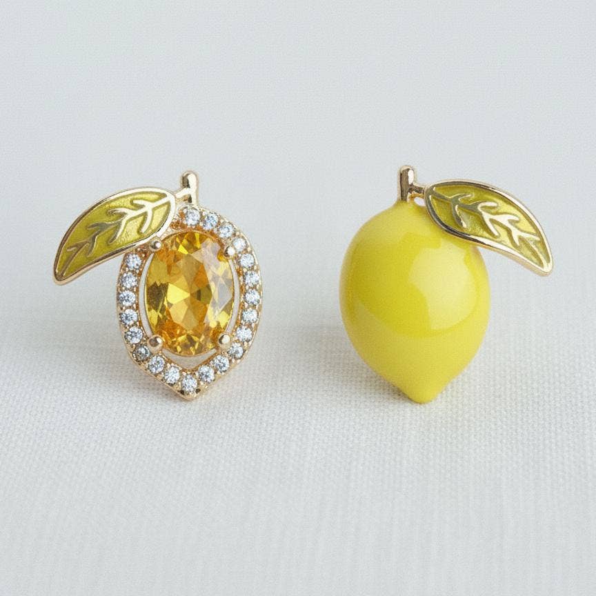 Zircon Lemon Enamel Drip Asymmetric Stud Earrings