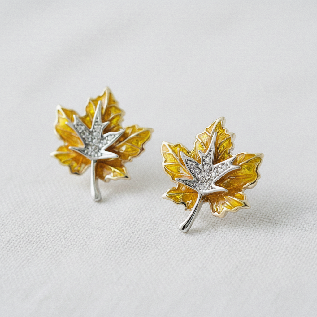 Vintage Enamel and Zircon Maple Leaf Stud Earrings