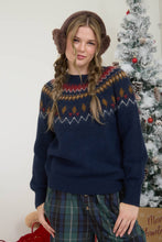 Load image into Gallery viewer, FUZZY FAIR ISLE CREW NECK KNIT PULLOVER SWEATER