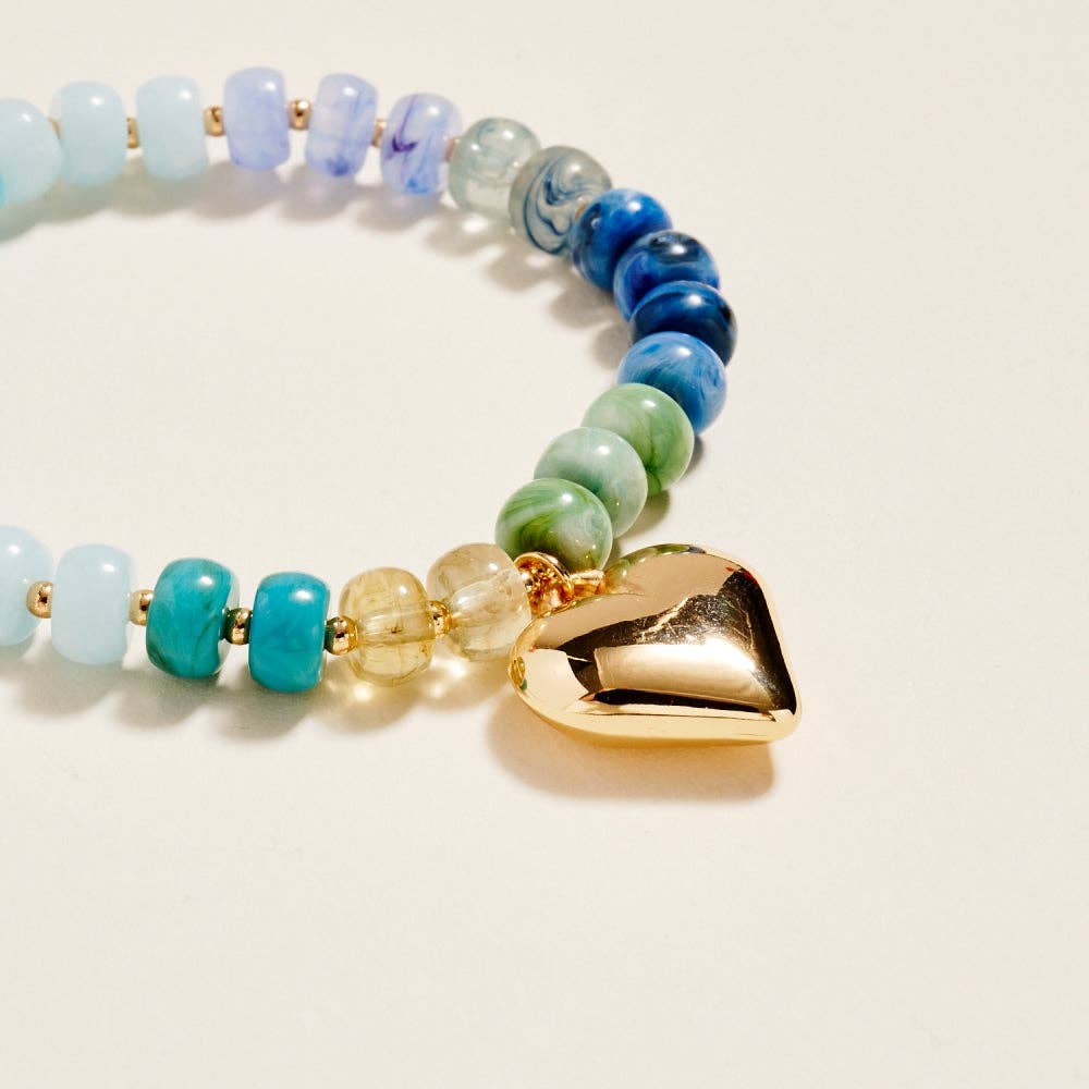 7.25 In Marbled Beaded Puffy Heart Charm Bracelet