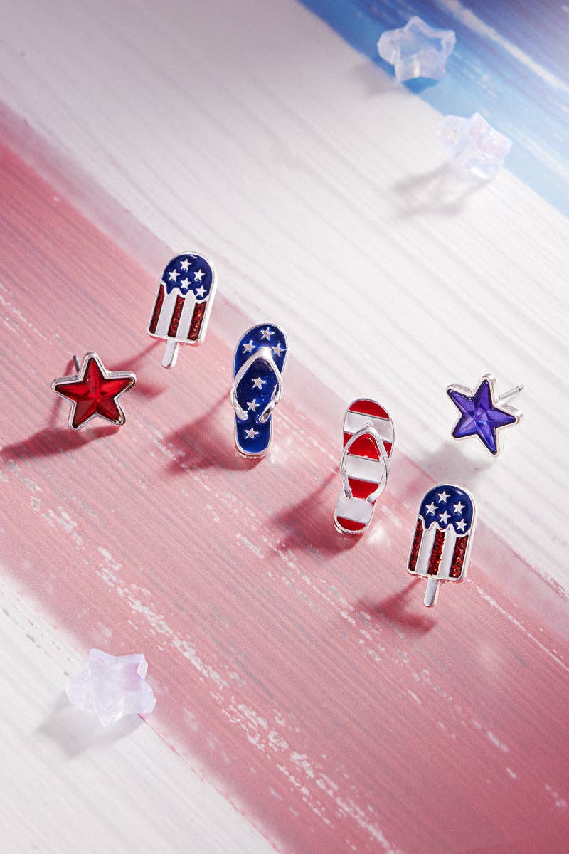 Star American Flag Enamel 3 Set Post Earrings