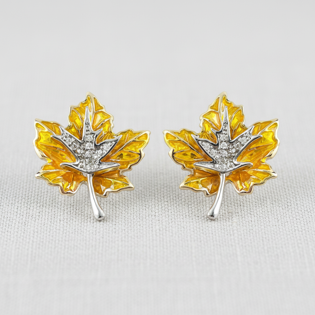 Vintage Enamel and Zircon Maple Leaf Stud Earrings