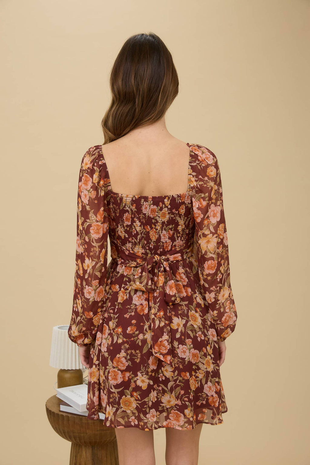 FLORAL SWEETHEART LONG SLEEVE BACK TIE MINI DRESS