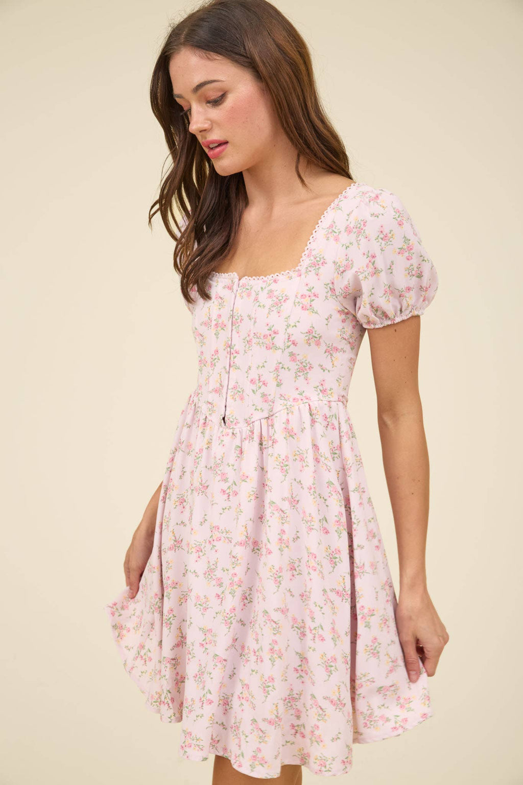 FLORAL LACE TRIM FRONT HOOK & EYE MINI DRESS