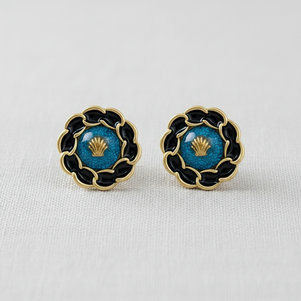 Vintage Inspired Blue and Black Enamel Shell Stud Earrings