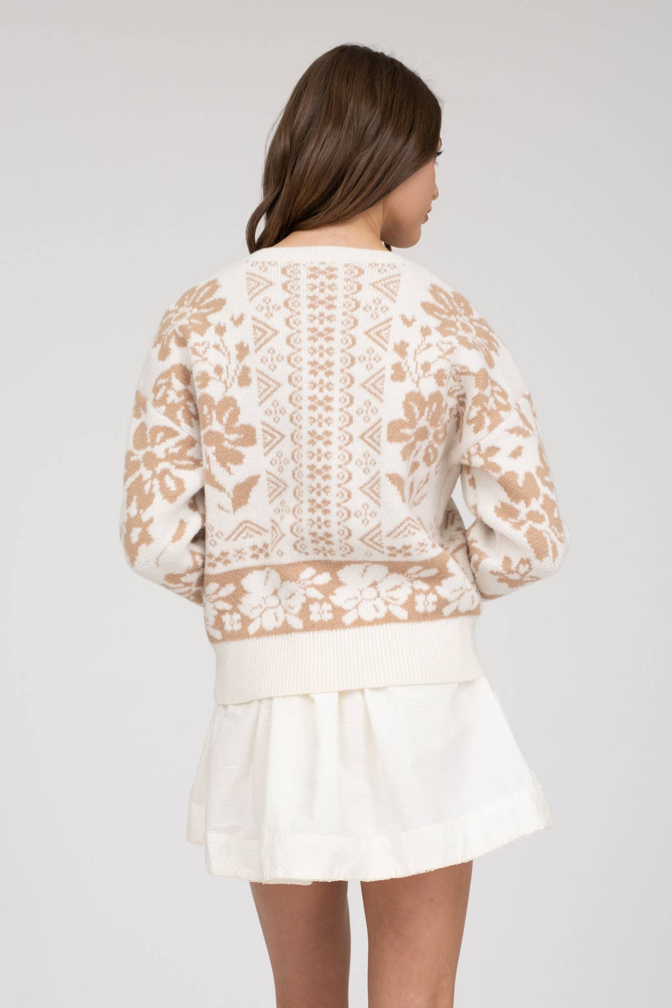 GEO FLORAL LONG SLEEVE KNIT PULLOVER SWEATER