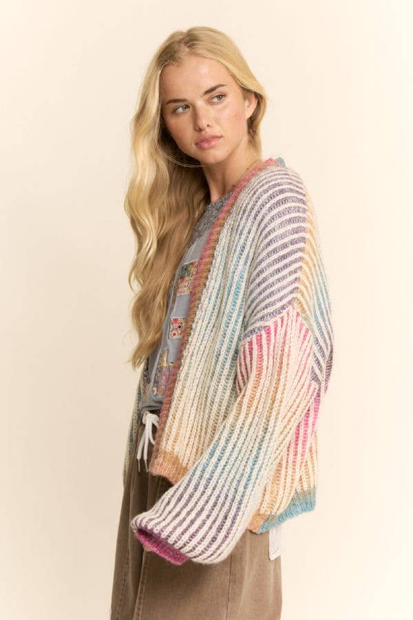 Rainbow Ombre Ribbed Knit Open Cardigan
