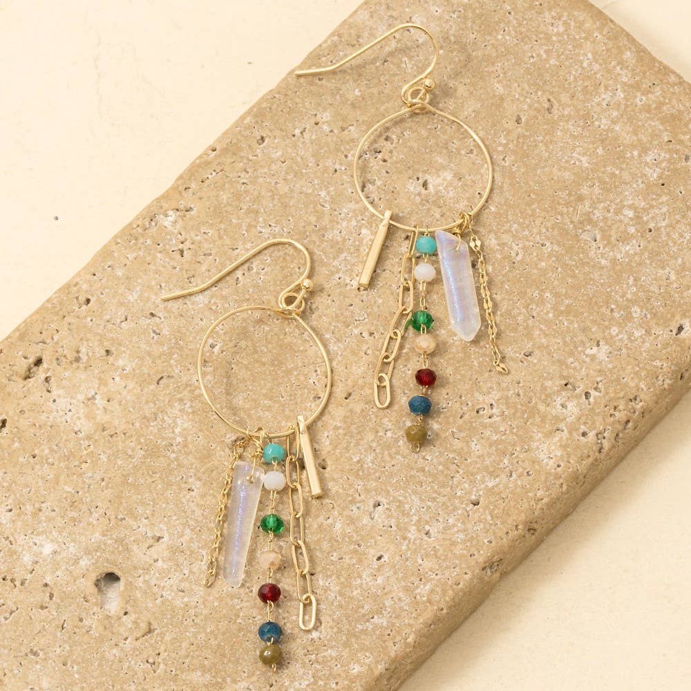 Beads Chain And Gem Charms Hoop Dangle Earrings