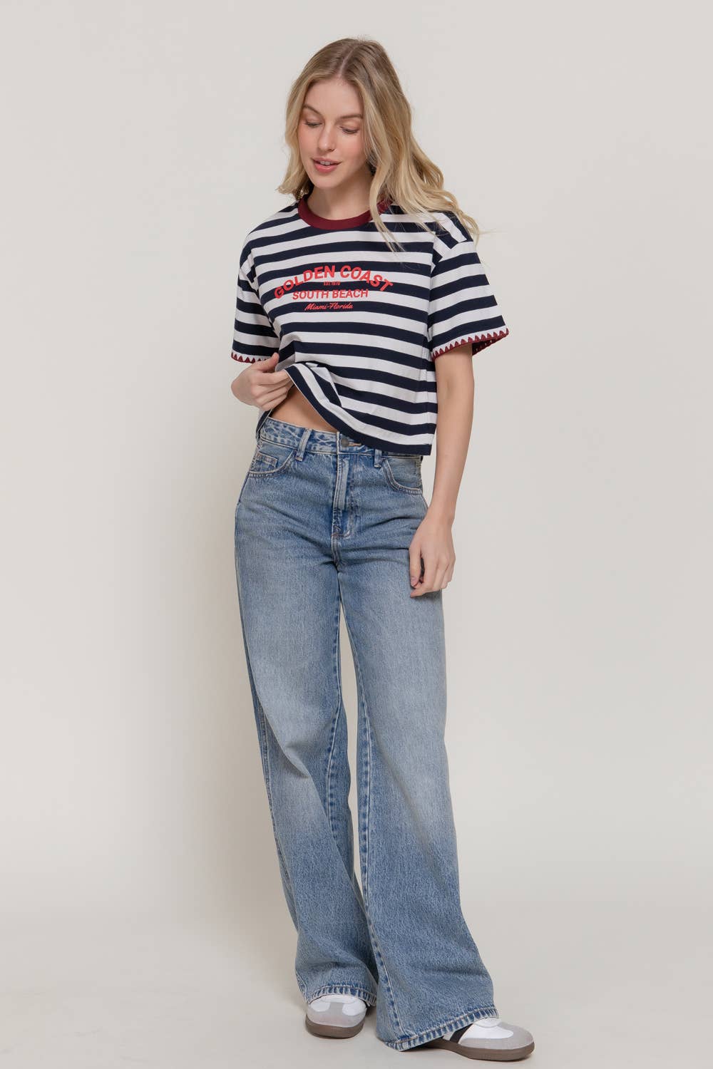 Short Sleeve Round Neck Y/D Stripe Printed Tee