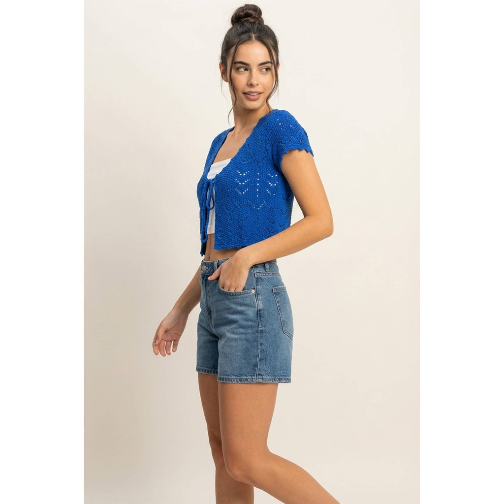 Pointelle Tie Front Knit Cardigan