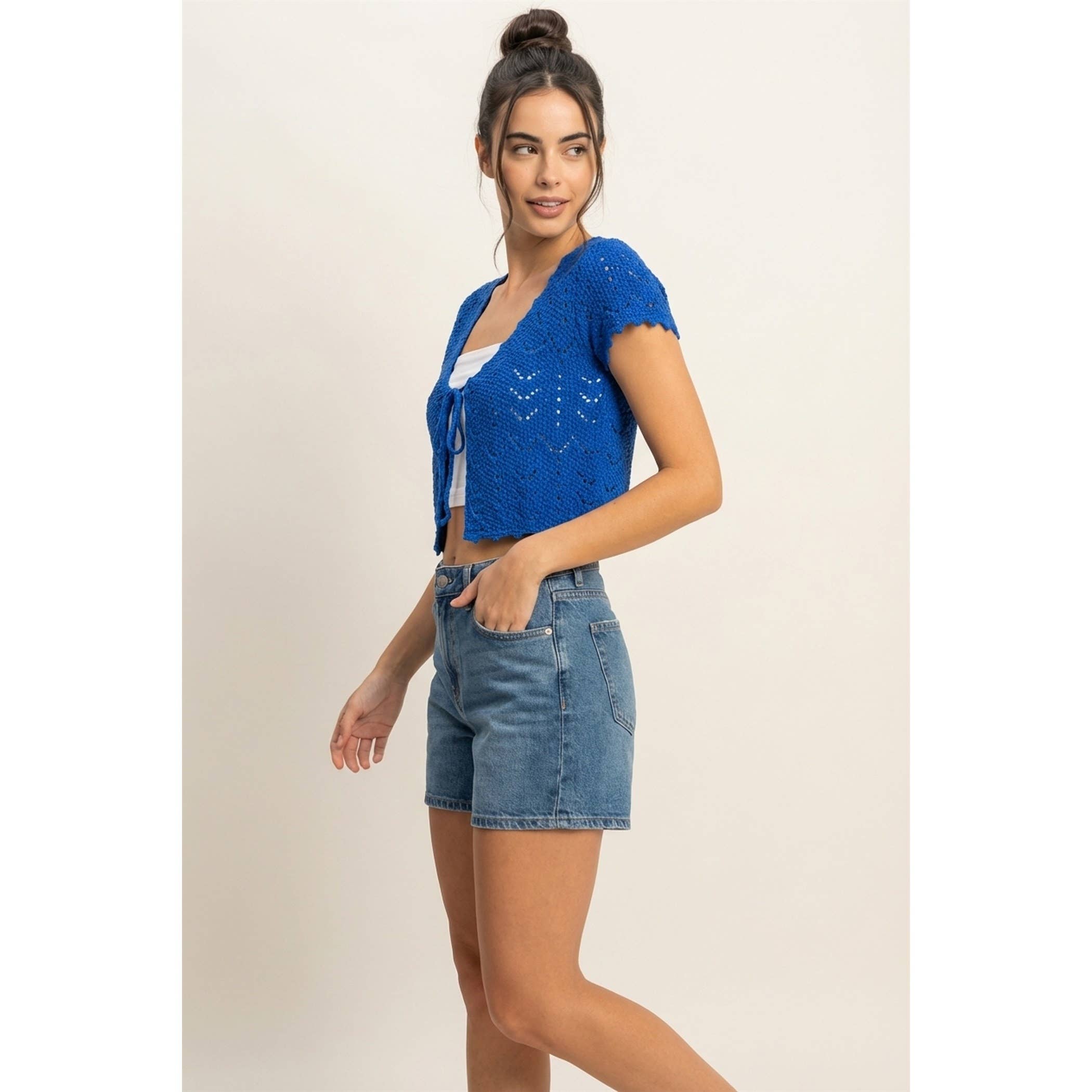 Pointelle Tie Front Knit Cardigan