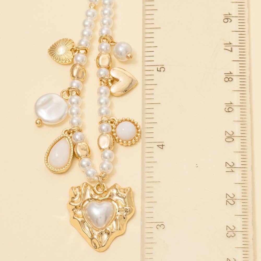 Mixed Heart Charms Pearl And Metallic Beaded Necklace