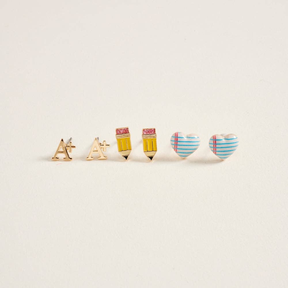 School Notebook Pencil A+ 3 Pair Earring Set