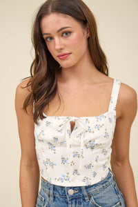 FLORAL SLEEVELESS FRONT DRAWSTRING CORSET CROP TOP