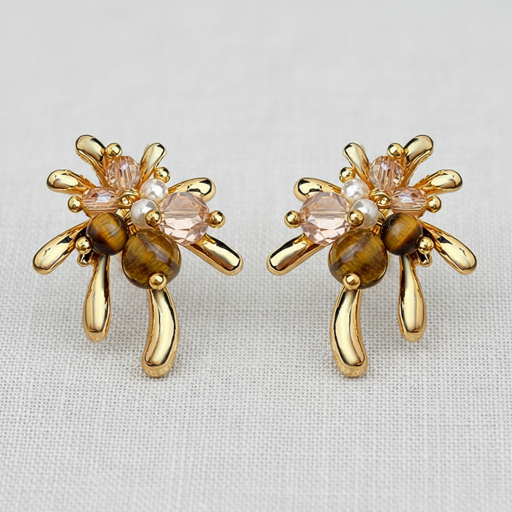 Tiger's Eye and Pearl Firework Burst Earrings