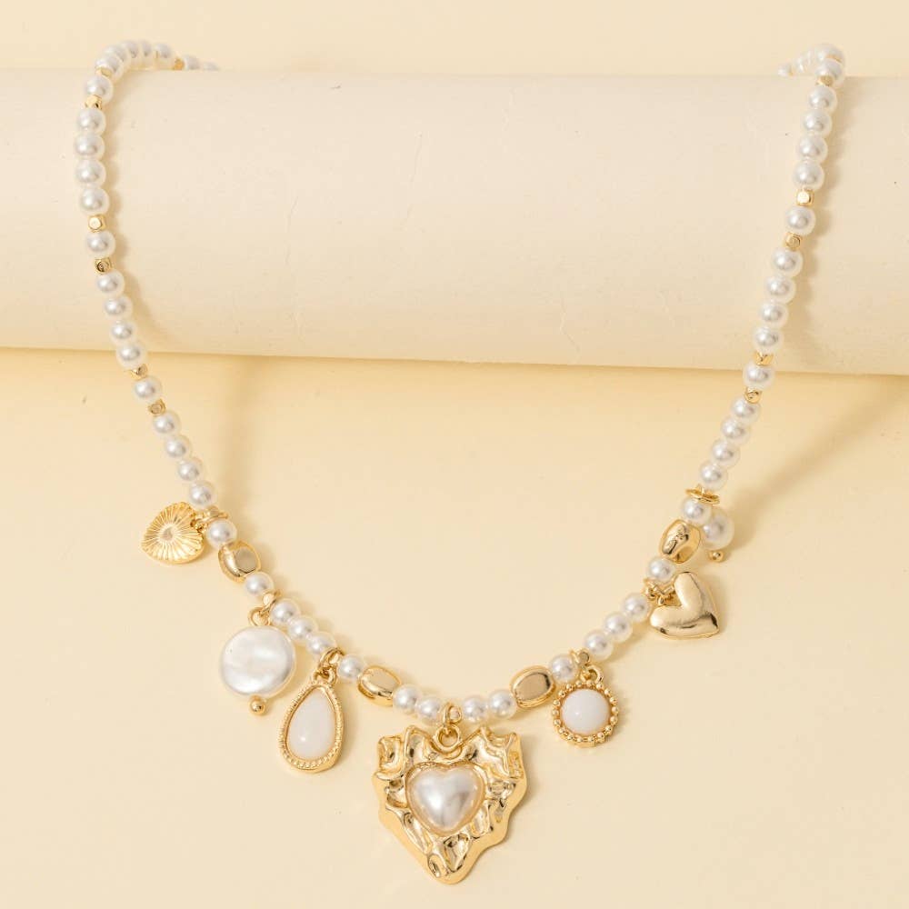 Mixed Heart Charms Pearl And Metallic Beaded Necklace