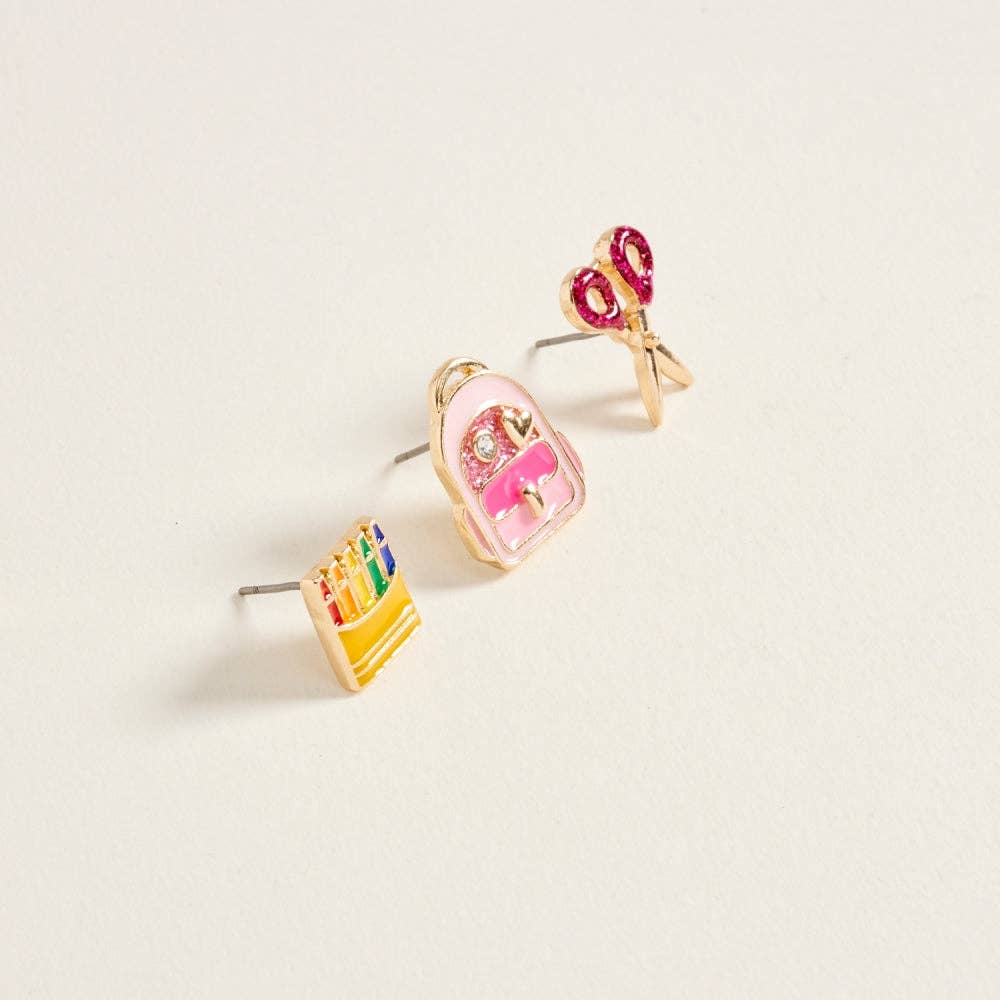 School Crayon Bookbag Scissor 3 Pair Earrings Set