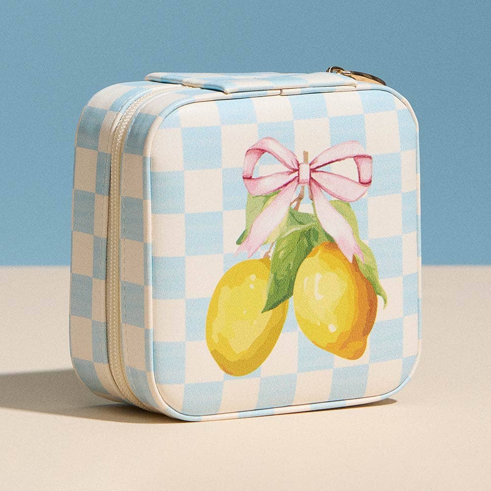 Lemon Bow Print Checkered Portable Square Jewelry Box