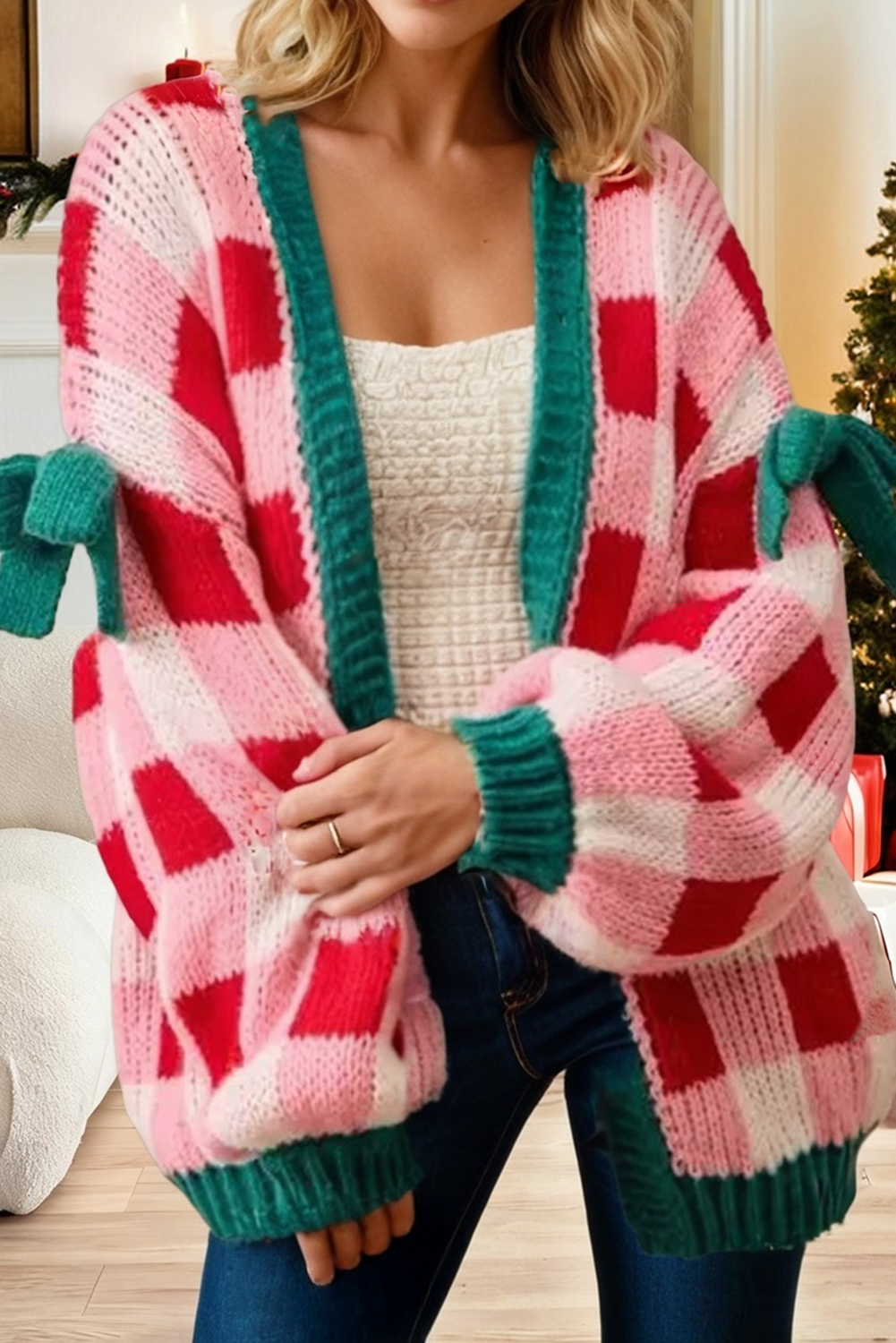 Christmas Plaid Knit Bow Knot  Open Front Sweater Cardigan