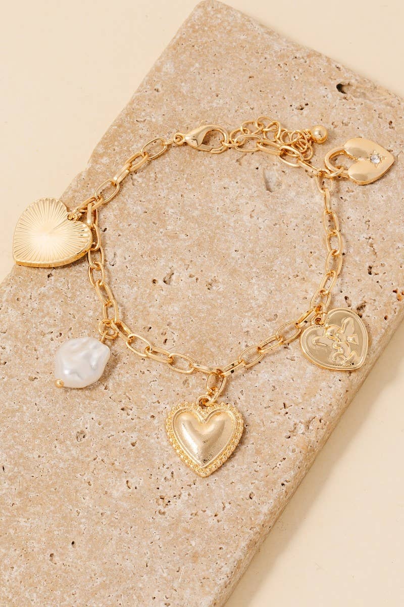 Mixed Heart And Pearl Charm Chain Bracelet