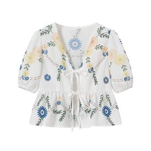Load image into Gallery viewer, Floral print tie front v neck blouse